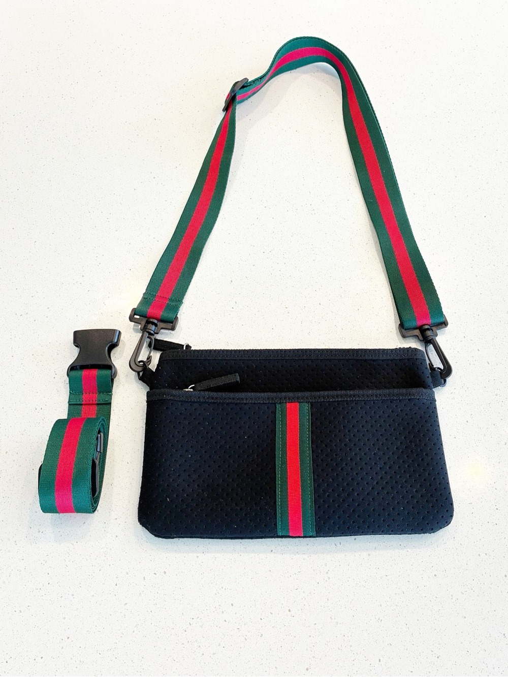 Black Crossbody Neoprene Pouch with Green and Red Stripe Adjustable Strap - Picture 1 of 15